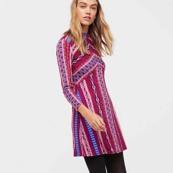 Free People [ Small ] Stella Graphic Boho A-Line Mini Dress in Purple - Picture 1 of 9